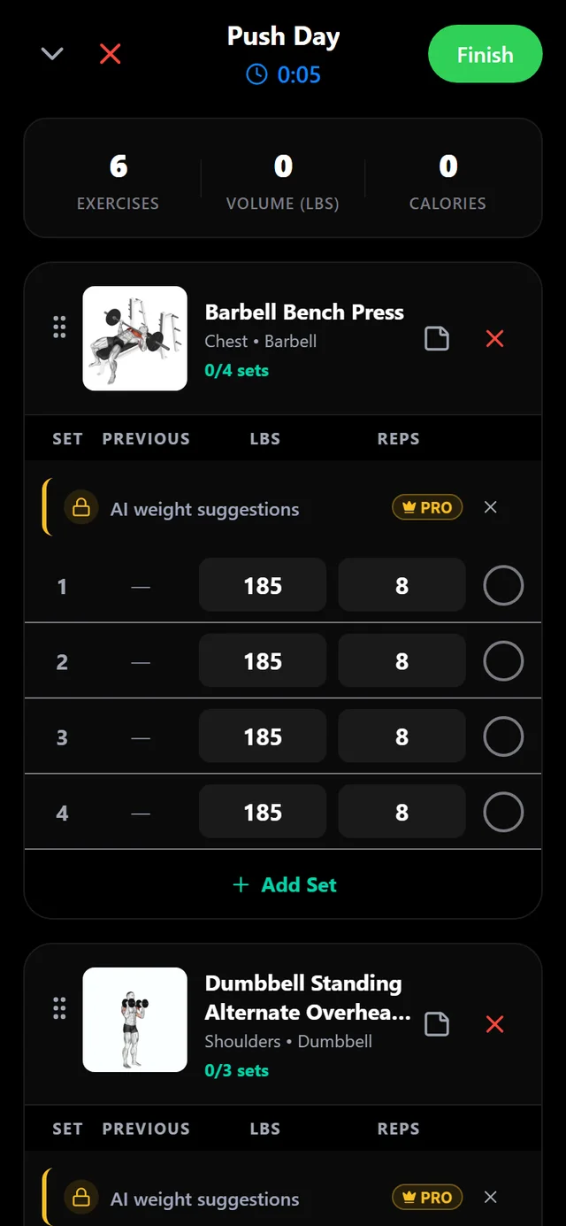 Active workout with prefilled sets