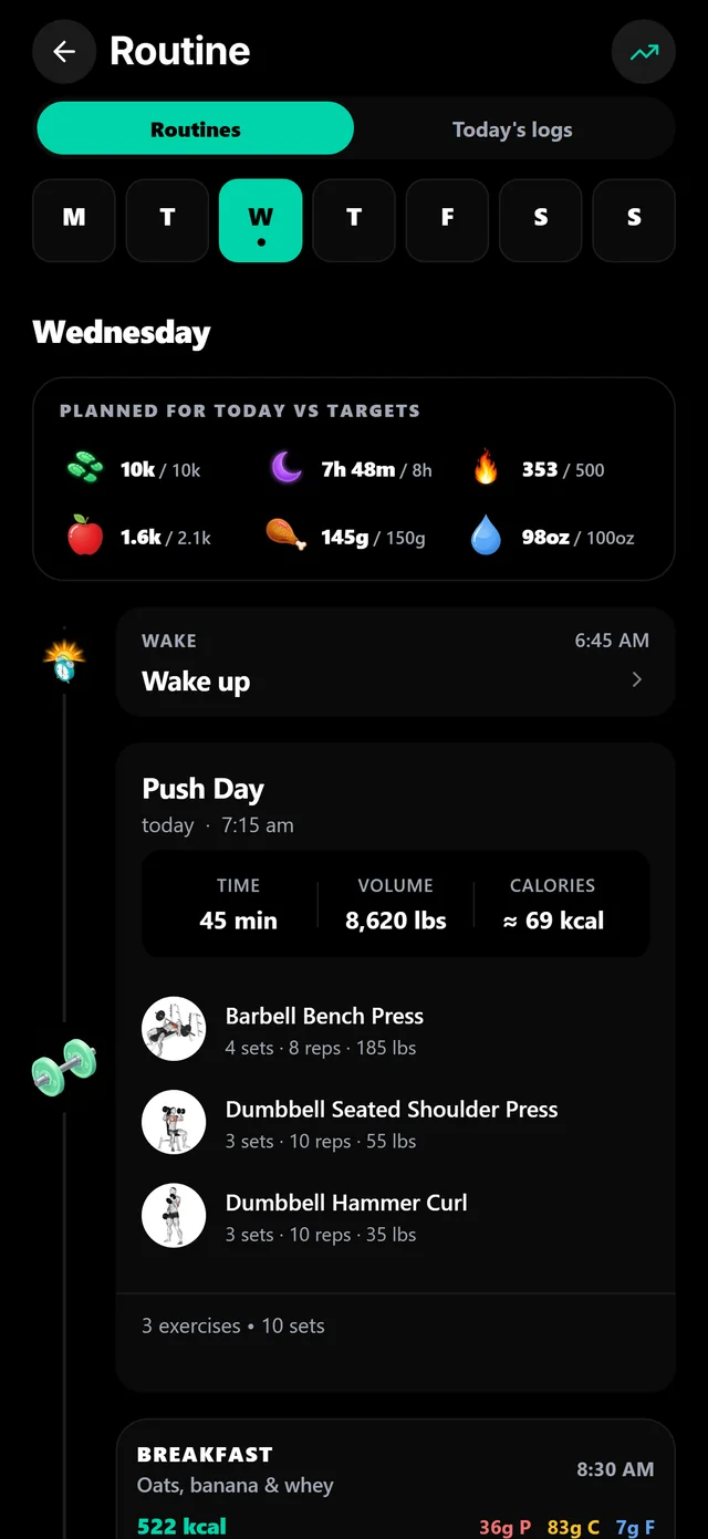 Daily routine timeline: wake, workout, meals, water and sleep with targets