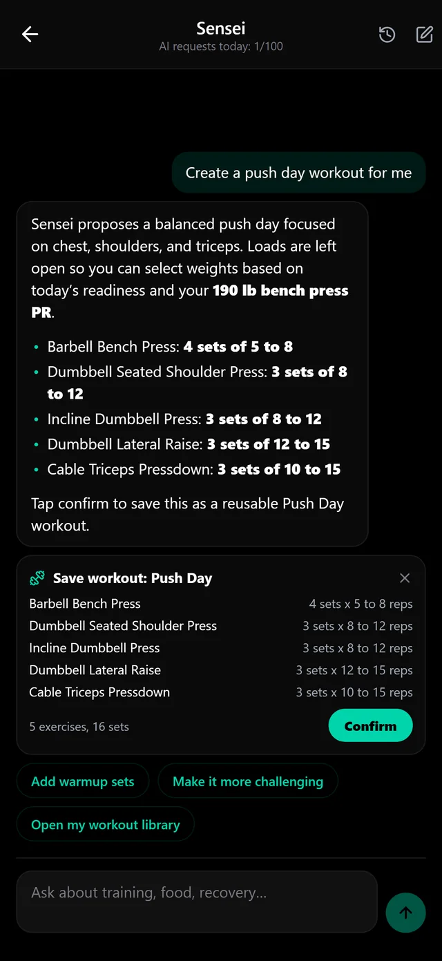 Sensei AI coach proposing a push day workout with a one tap save card